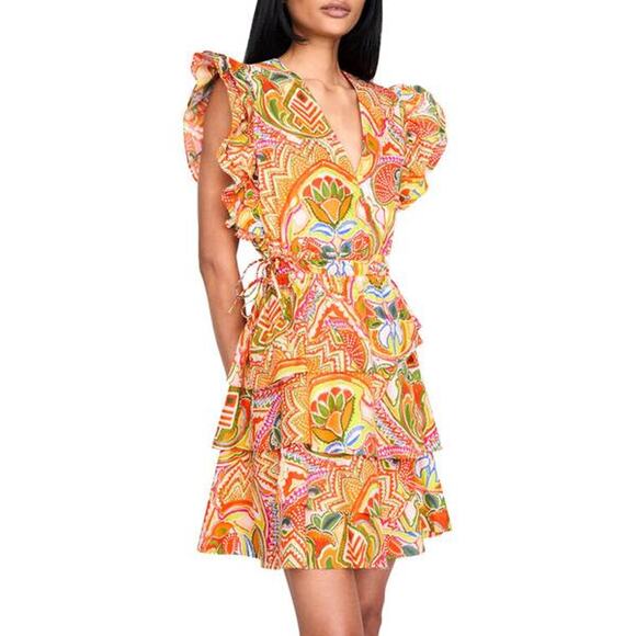 Marie Oliver Genette Ruffle Wrap Mini Dress Tango Orange Print 2G14-138-205B XS - Picture 1 of 5